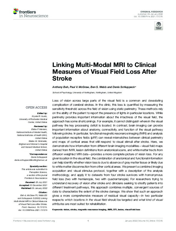 Linking Multi-Modal MRI to Clinical Measures of Visual Field Loss After Stroke Thumbnail