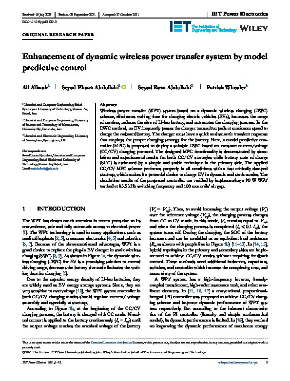 Enhancement of dynamic wireless power transfer system by model predictive control Thumbnail