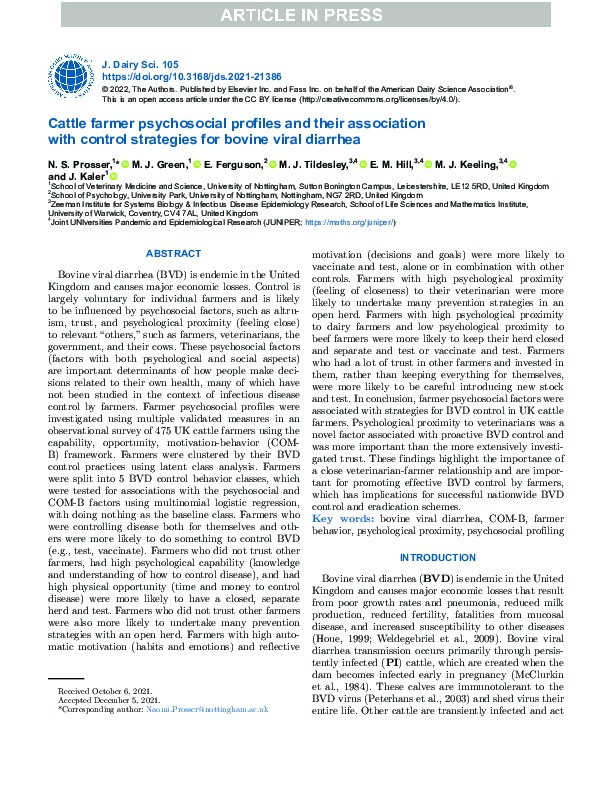 Cattle farmer psychosocial profiles and their association with control strategies for bovine viral diarrhea Thumbnail