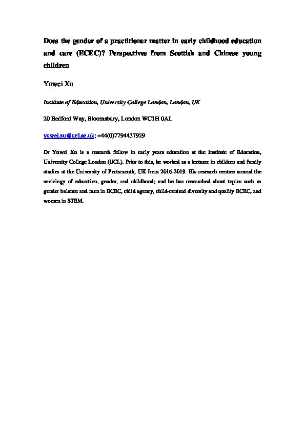 Does the gender of a practitioner matter in early childhood education and care? Perspectives from Scottish and Chinese young children Thumbnail