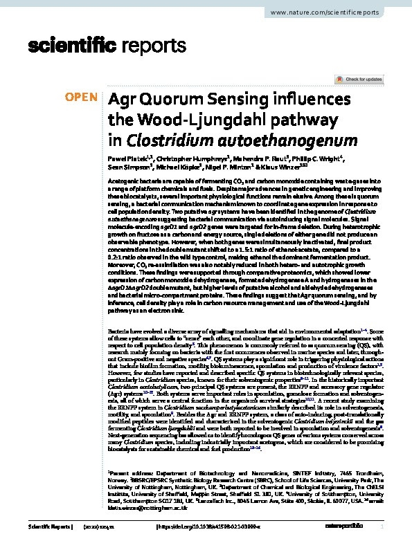 Agr Quorum Sensing influences the Wood-Ljungdahl pathway in Clostridium autoethanogenum Thumbnail
