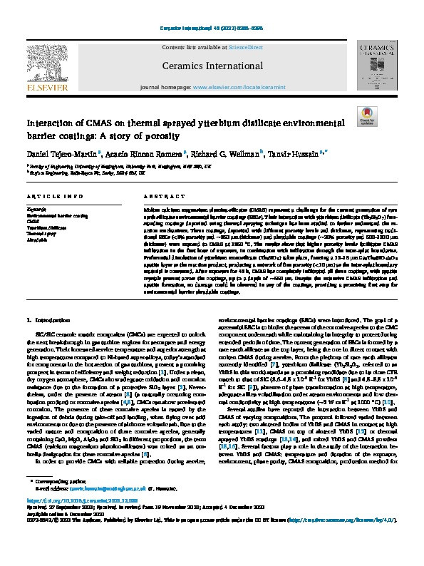 Interaction of CMAS on thermal sprayed ytterbium disilicate environmental barrier coatings: A story of porosity Thumbnail