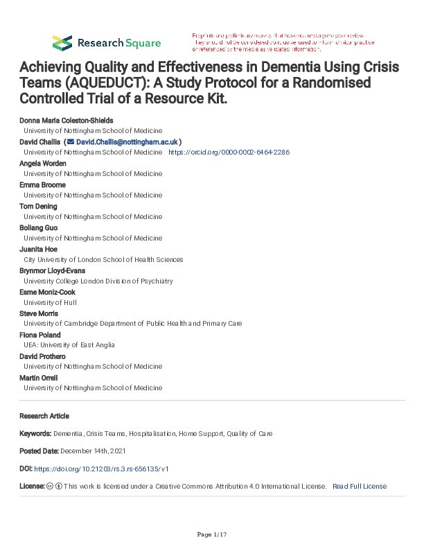 Achieving Quality and Effectiveness in Dementia Using Crisis Teams (AQUEDUCT): A Study Protocol for a Randomised Controlled Trial of a Resource Kit. Thumbnail