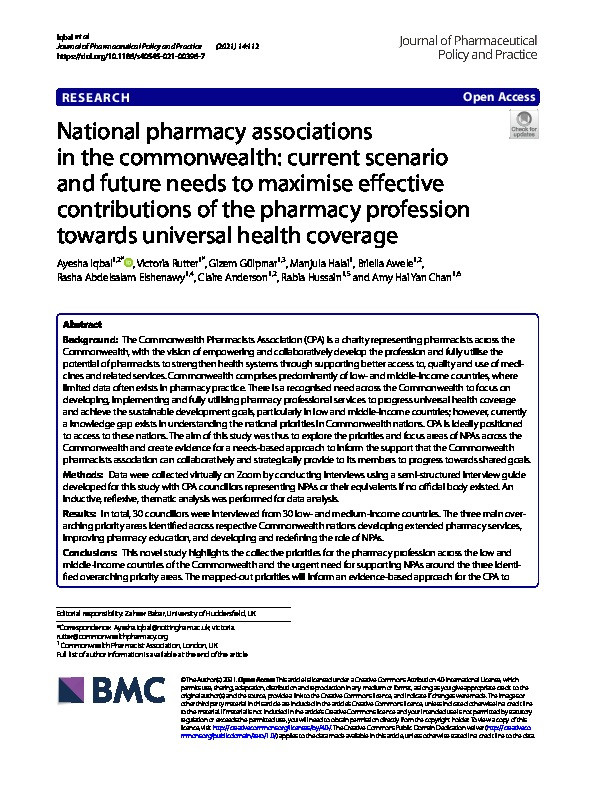 National pharmacy associations in the commonwealth: current scenario and future needs to maximise effective contributions of the pharmacy profession towards universal health coverage Thumbnail