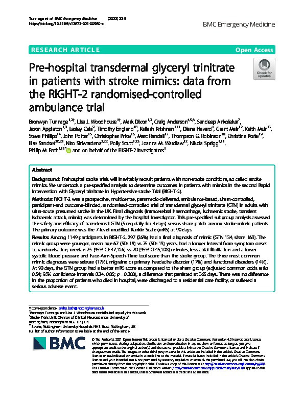 Pre-hospital transdermal glyceryl trinitrate in patients with stroke mimics: data from the RIGHT-2 randomised-controlled ambulance trial Thumbnail