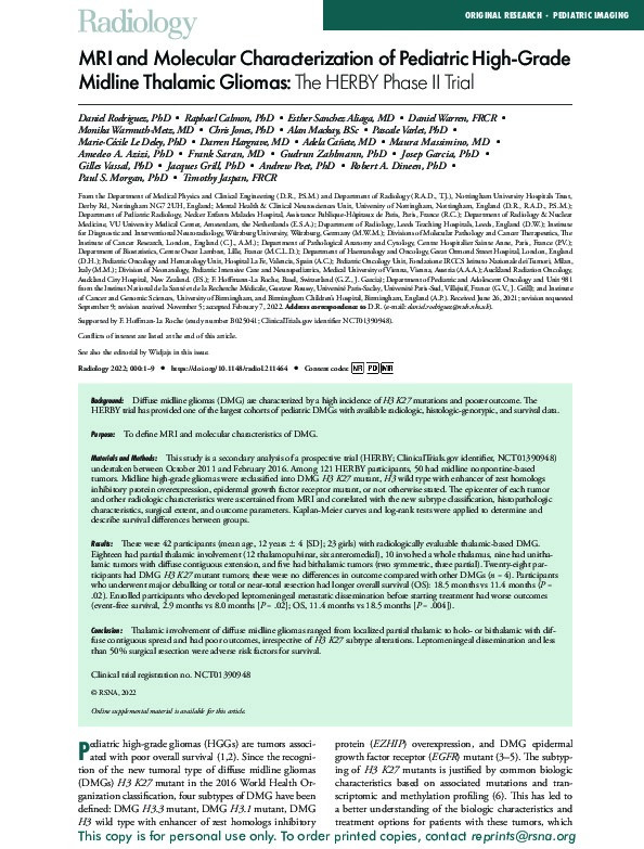 MRI and Molecular Characterization of Pediatric High-Grade Midline Thalamic Gliomas: The HERBY Phase II Trial Thumbnail