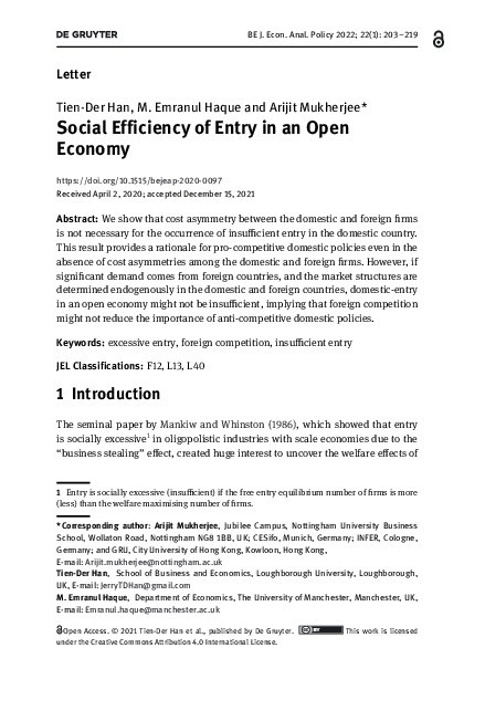 Social Efficiency of Entry in an Open Economy Thumbnail