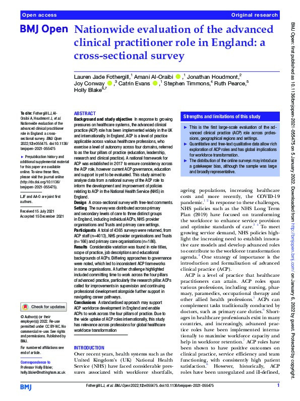 Nationwide evaluation of the advanced clinical practitioner role in England: a cross-sectional survey Thumbnail