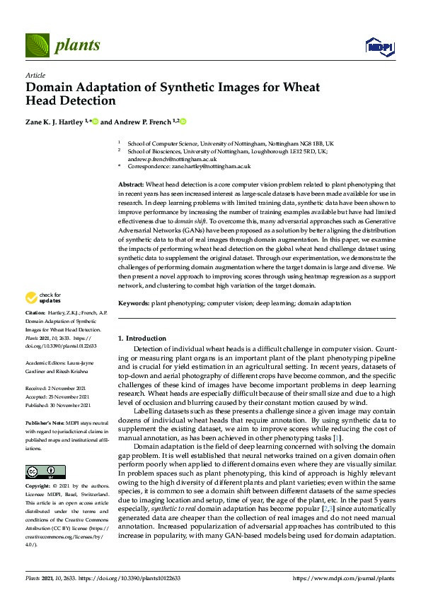 Domain Adaptation of Synthetic Images for Wheat Head Detection Thumbnail