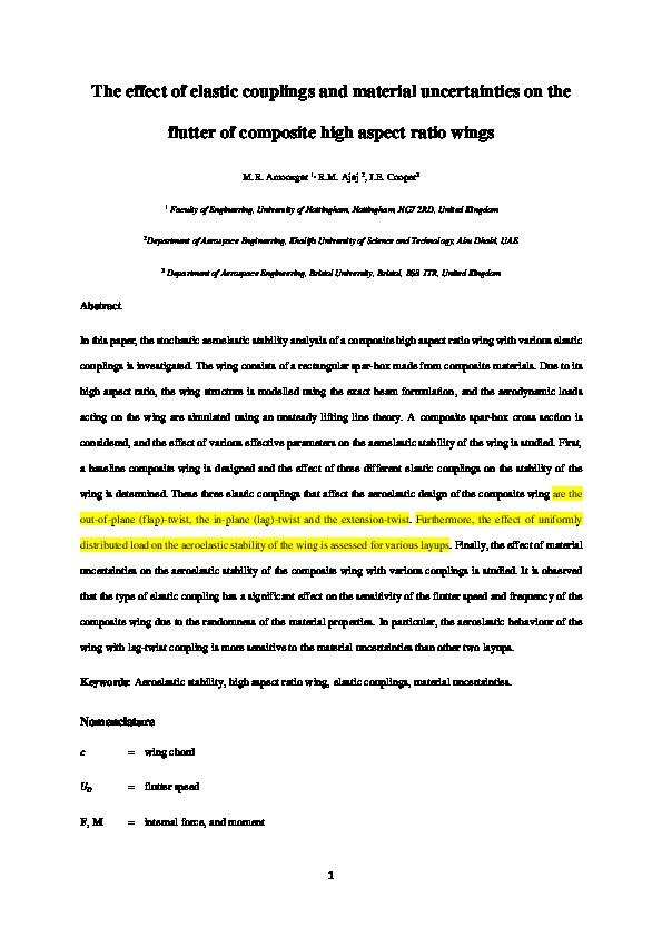 The effect of elastic couplings and material uncertainties on the flutter of composite high aspect ratio wings Thumbnail