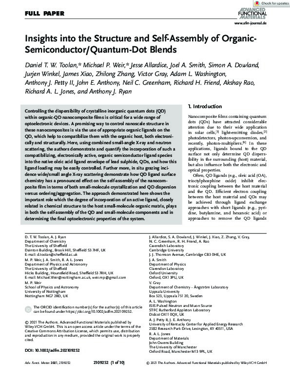 Insights into the Structure and Self‐Assembly of Organic‐Semiconductor/Quantum‐Dot Blends Thumbnail