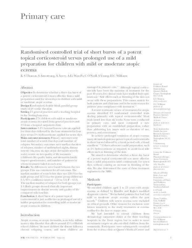 Randomised controlled trial of short bursts of a potent topical corticosteroid versus prolonged use of a mild preparation for children with mild or moderate atopic eczema Thumbnail