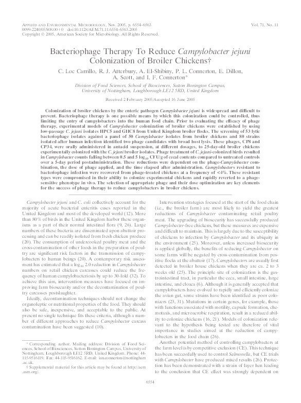 Bacteriophage therapy to reduce Campylobacter jejuni colonization of broiler chickens Thumbnail