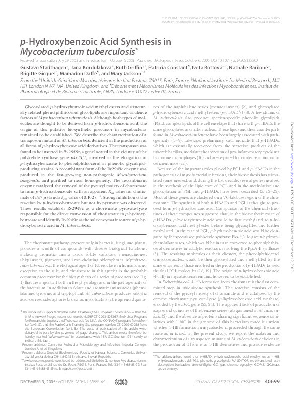 p-Hydroxybenzoic acid synthesis in mycobacterium tuberculosis Thumbnail