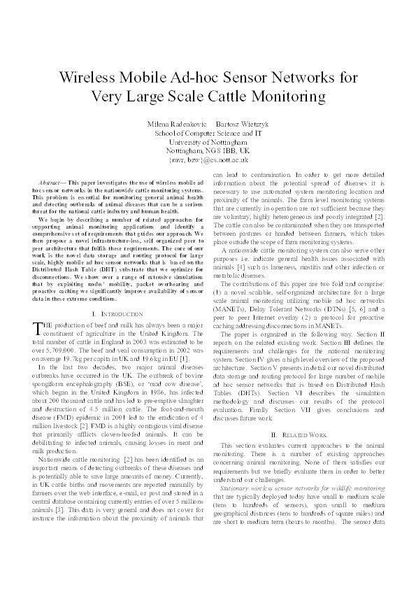 Wireless mobile ad-hoc sensor networks for very large scale cattle monitoring Thumbnail