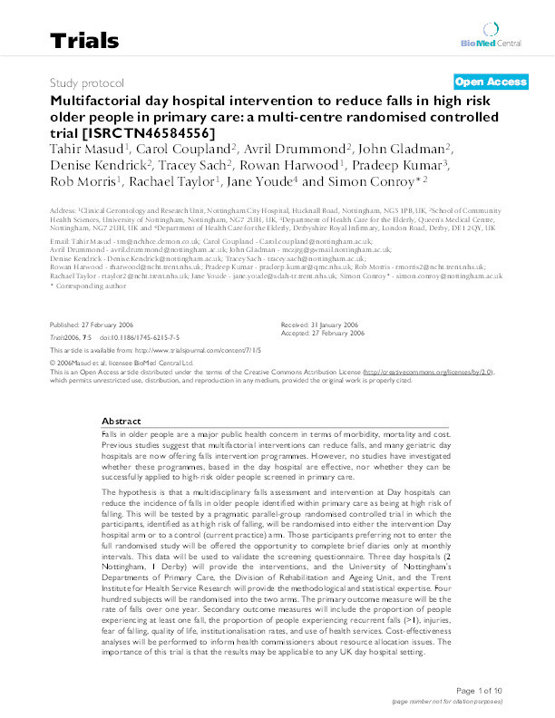 Multifactorial day hospital intervention to reduce falls in high risk older people in primary care: a multi-centre randomised controlled trial [ISRCTN46584556] Thumbnail