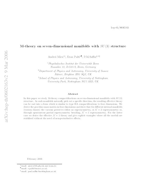 M-theory on seven-dimensional manifolds with SU(3) structure Thumbnail