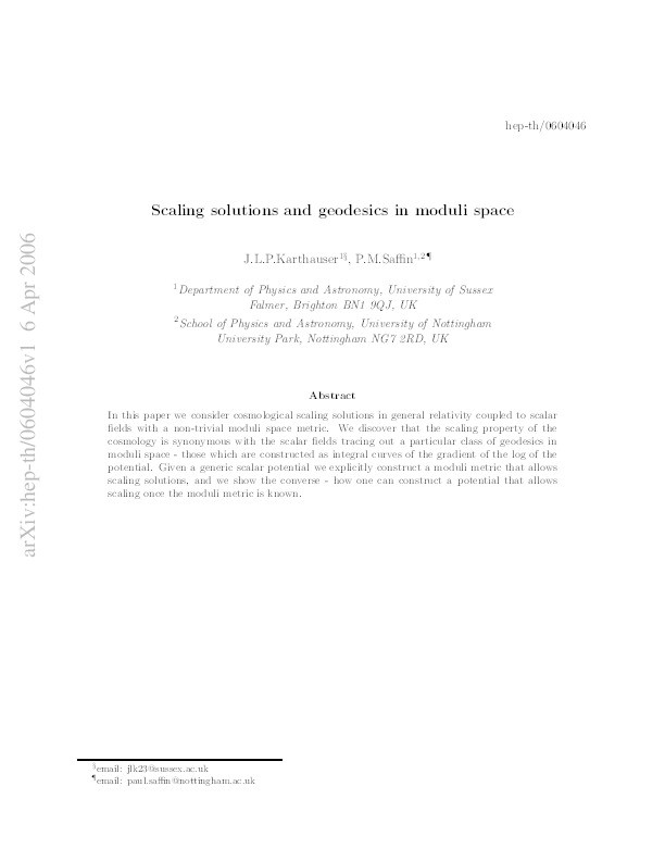 Scaling solutions and geodesics in moduli space Thumbnail