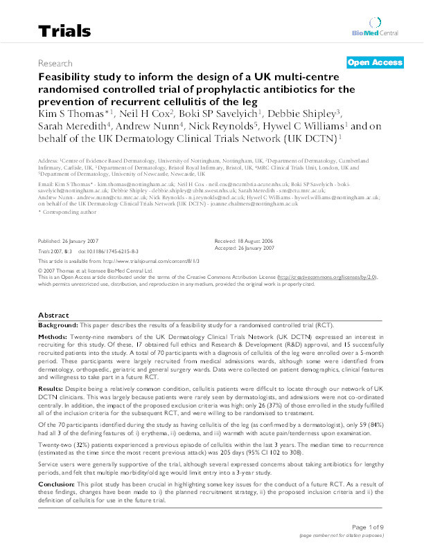 Feasibility study to inform the design of a UK multi-centre randomised controlled trial of prophylactic antibiotics for the prevention of recurrent cellulitis of the leg Thumbnail