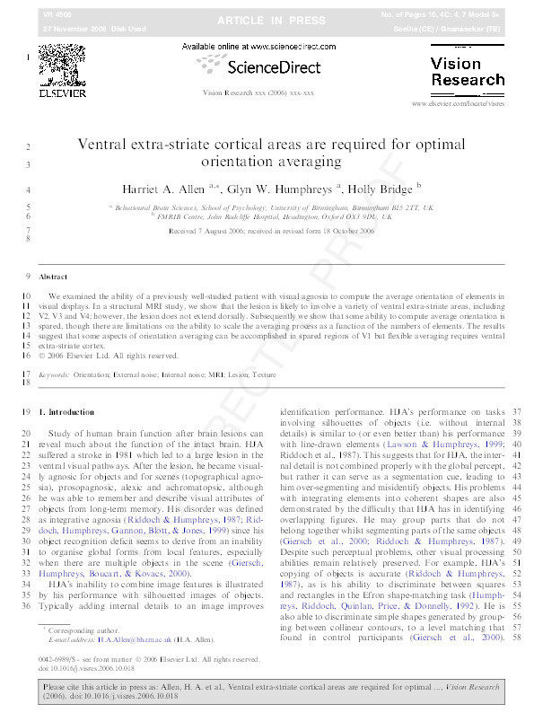 Ventral extra-striate cortical areas are required for optimal orientation averaging Thumbnail