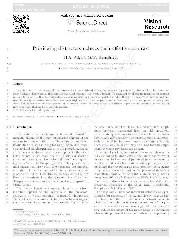 Previewing distracters reduces their effective contrast Thumbnail