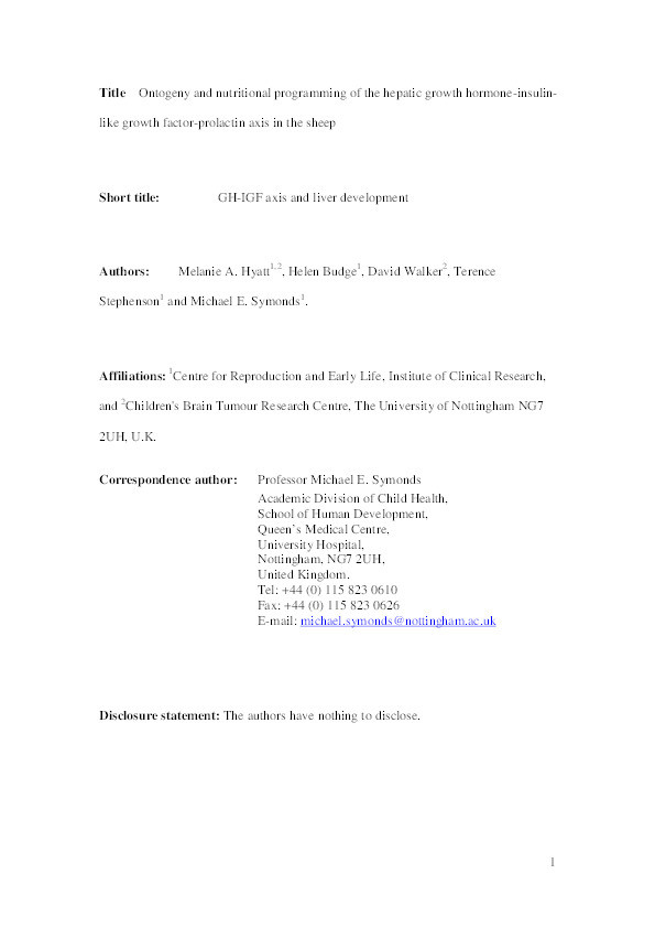 Ontogeny and nutritional programming of the hepatic growth hormone-insulin-like growth factor-prolactin axis in the sheep Thumbnail