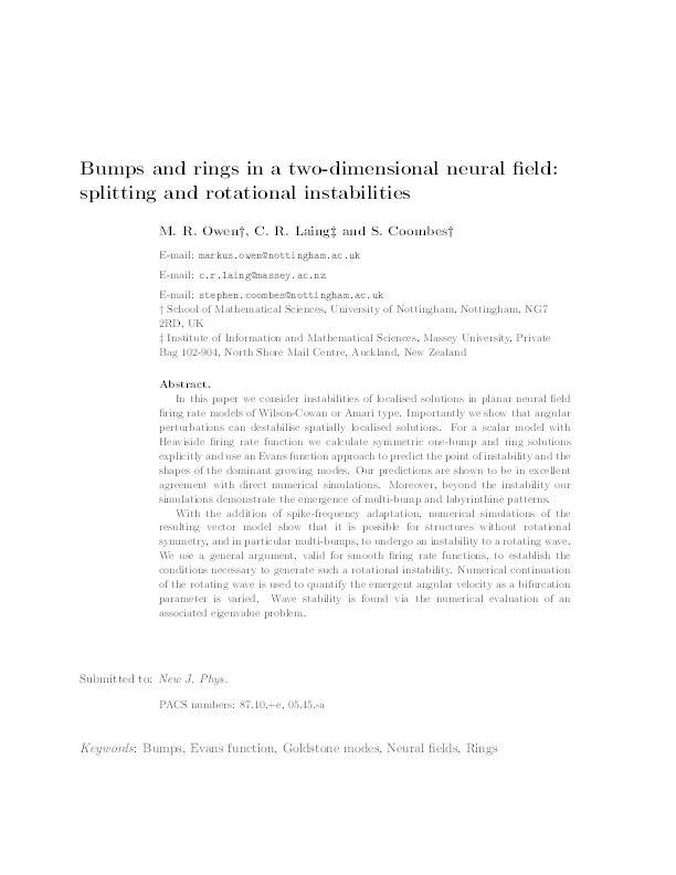 Bumps and rings in a two-dimensional neural field: splitting and rotational instabilities Thumbnail