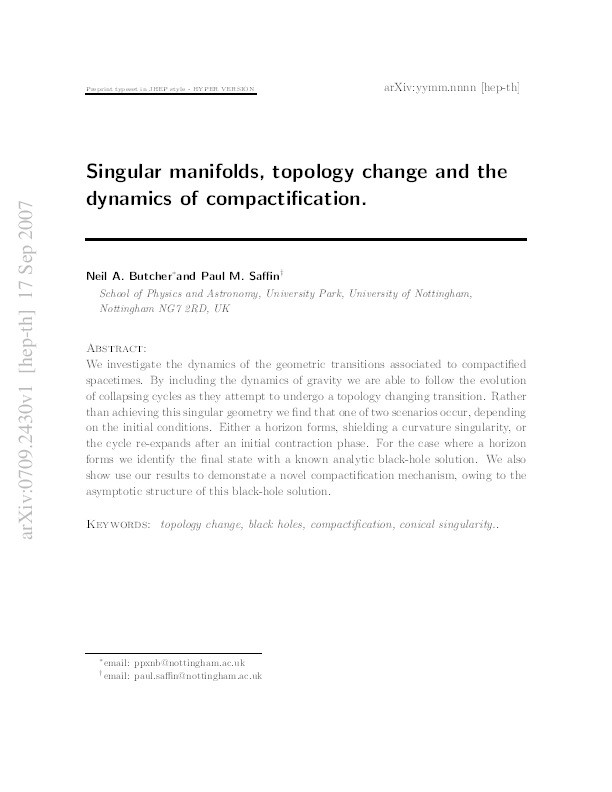 Singular manifolds, topology change and the dynamics of compactification Thumbnail