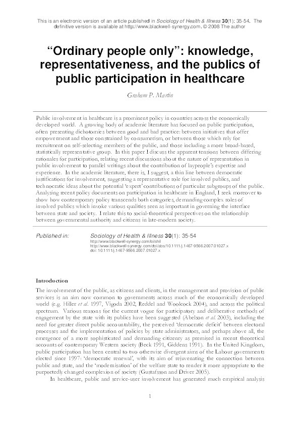 "Ordinary people only": knowledge, representativeness and the publics of public participation in healthcare Thumbnail