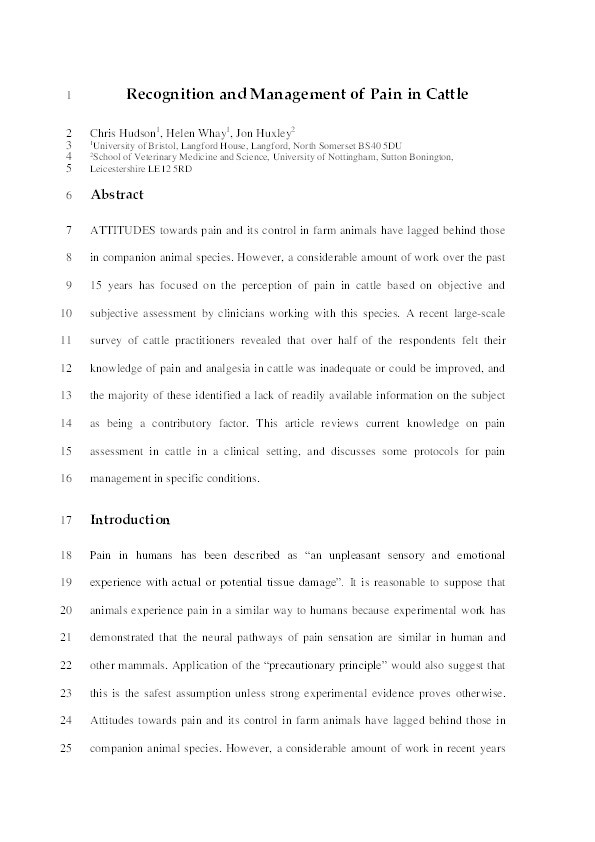 Recognition and management of pain in cattle Thumbnail