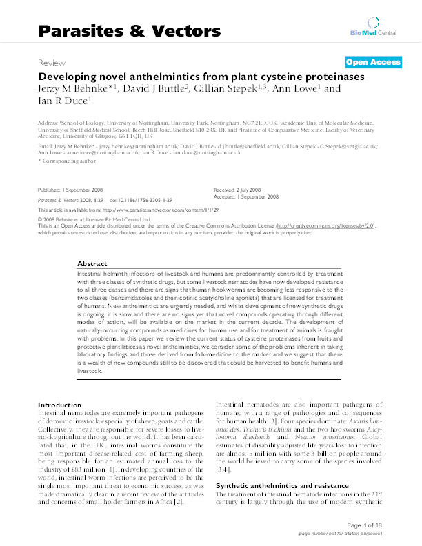 Developing novel anthelmintics from plant cysteine proteinases Thumbnail