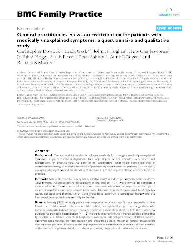 General practitioners' views on reattribution for patients with medically unexplained symptoms: a questionnaire and qualitative study Thumbnail