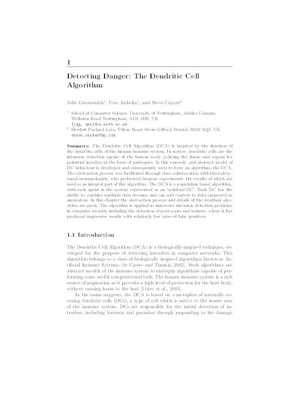 Detecting danger: the Dendritic Cell Algorithm Thumbnail