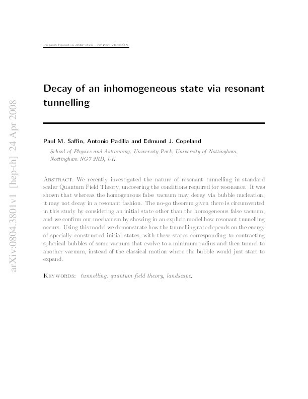 Transmission of an inhomogeneous state via resonant tunnelling Thumbnail