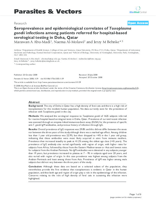 Seroprevalence and epidemiological correlates of Toxoplasma gondii infections among patients referred for hospital-based serological testing in Doha, Qatar Thumbnail