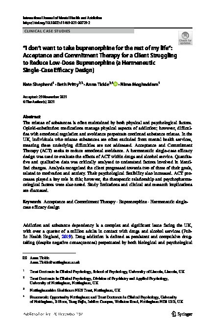 “I don’t want to take buprenorphine for the rest of my life”: Acceptance and Commitment Therapy for a Client Struggling to Reduce Low-Dose Buprenorphine (a Hermeneutic Single-Case Efficacy Design) Thumbnail