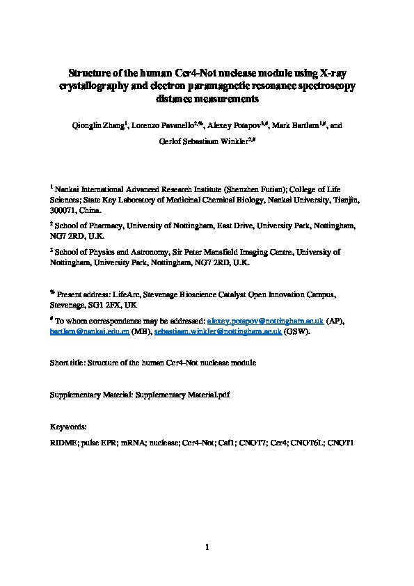 Structure of the human Ccr4-Not nuclease module using X-ray crystallography and electron paramagnetic resonance spectroscopy distance measurements Thumbnail