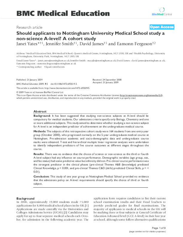 Should applicants to Nottingham University Medical School study a non-science A-level?: a cohort study Thumbnail