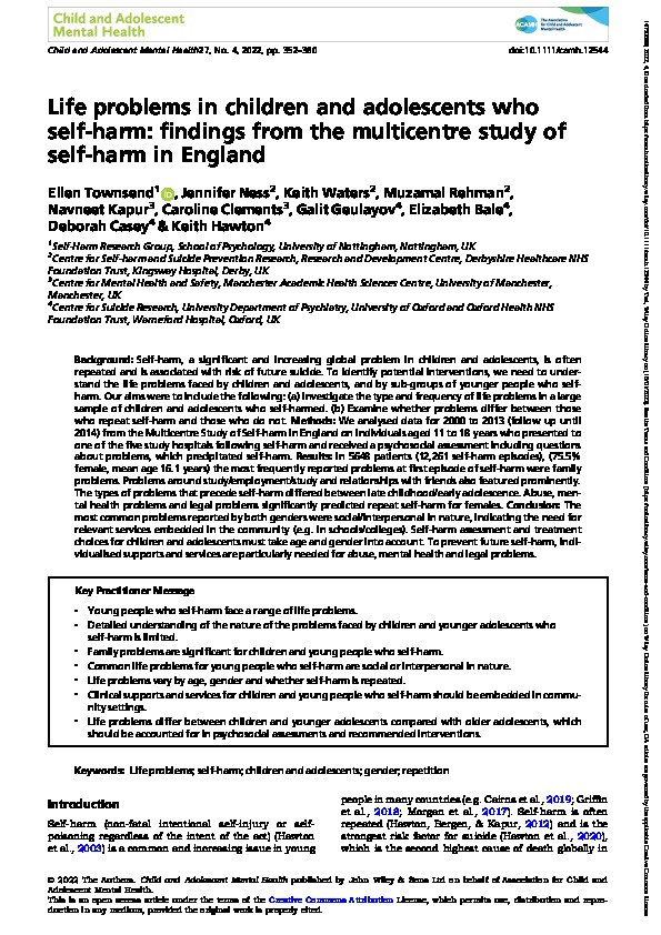 Life problems in children and adolescents who self-harm: findings from the multicentre study of self-harm in England Thumbnail