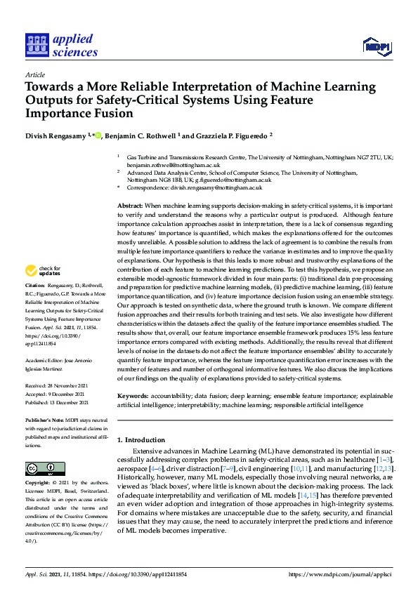 Towards a more reliable interpretation of machine learning outputs for safety-critical systems using feature importance fusion Thumbnail