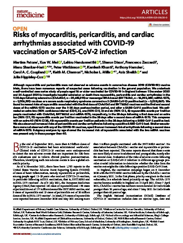 Risks of myocarditis, pericarditis, and cardiac arrhythmias associated with COVID-19 vaccination or SARS-CoV-2 infection Thumbnail