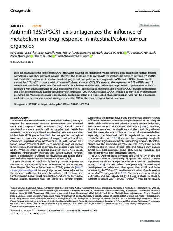 Anti-miR-135/SPOCK1 axis antagonizes the influence of metabolism on drug response in intestinal/colon tumour organoids Thumbnail