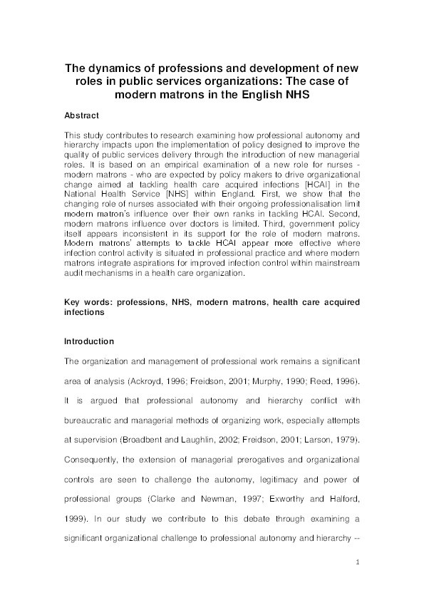 The dynamics of professions and development of new roles in public services organizations: the case of modern matrons in the English NHS Thumbnail