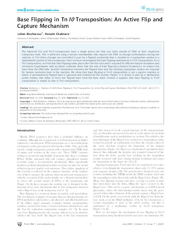 Base flipping in Tn10 transposition: an active flip and capture mechanism Thumbnail