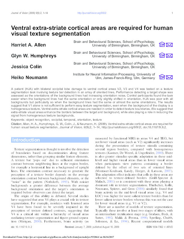 Ventral extra-striate cortical areas are required for human visual texture segmentation Thumbnail