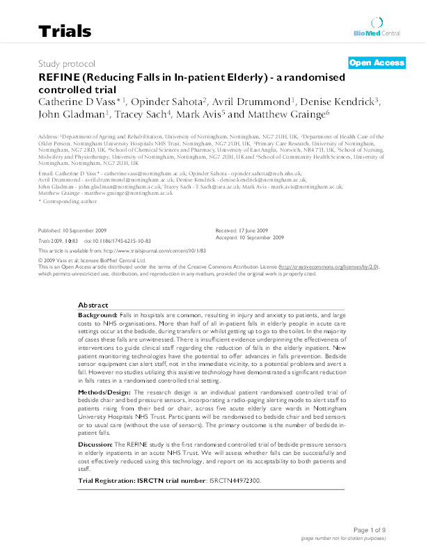 REFINE (Reducing Falls in In-patient Elderly): a randomised controlled trial Thumbnail
