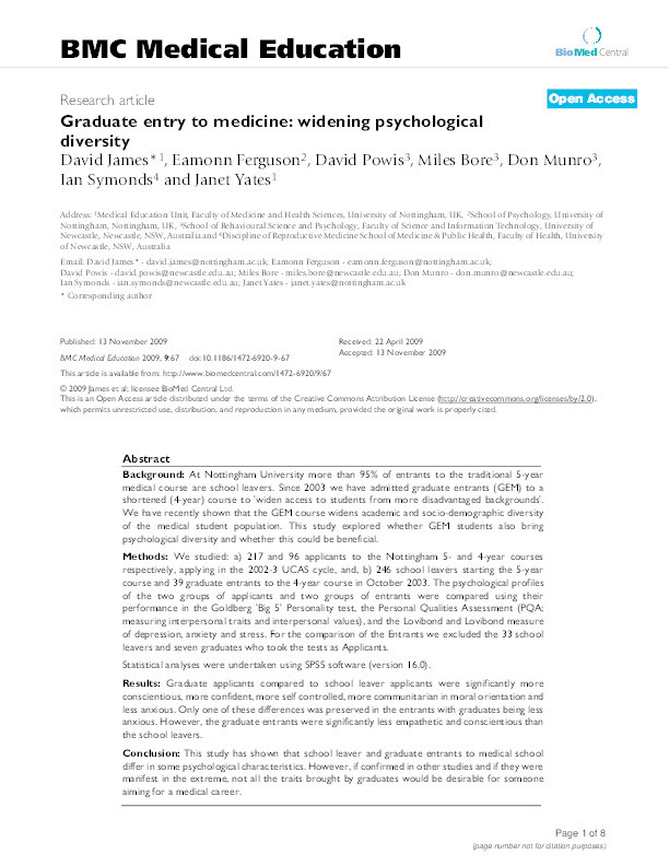 Graduate entry to medicine: widening psychological diversity Thumbnail