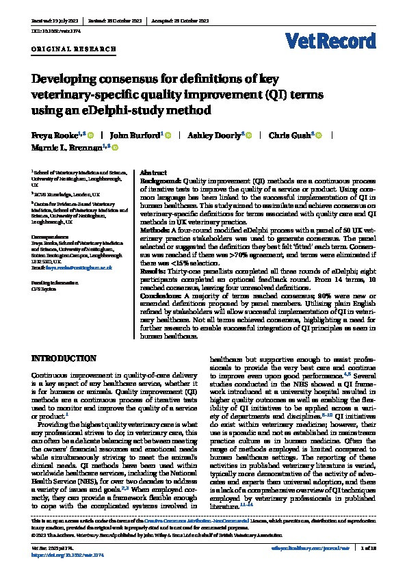 Developing consensus for definitions of key veterinary-specific quality improvement (QI) terms using an eDelphi-study method Thumbnail