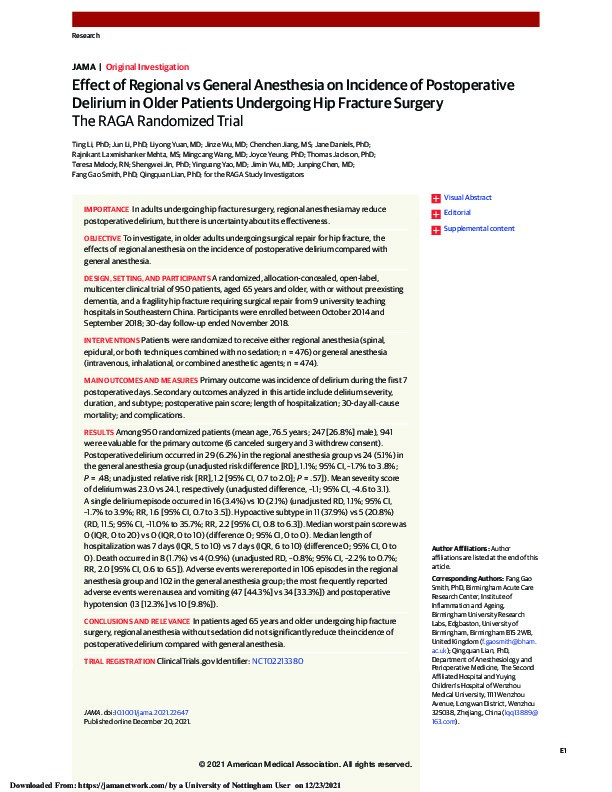 Effect of Regional vs General Anesthesia on Incidence of Postoperative Delirium in Older Patients Undergoing Hip Fracture Surgery: The RAGA Randomized Trial Thumbnail