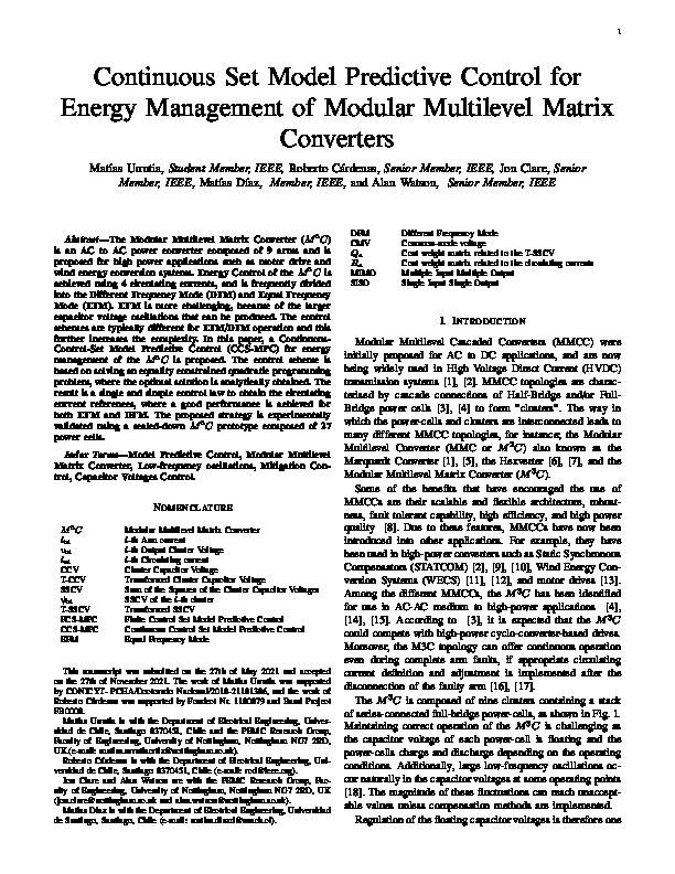 Continuous Set Model Predictive Control for Energy Management of Modular Multilevel Matrix Converters Thumbnail